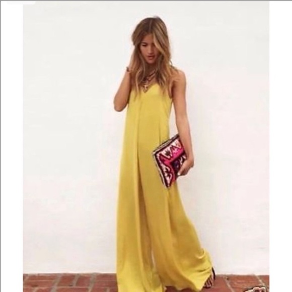 Zara Pants - Zara yellow wide leg spaghetti strap jumpsuit